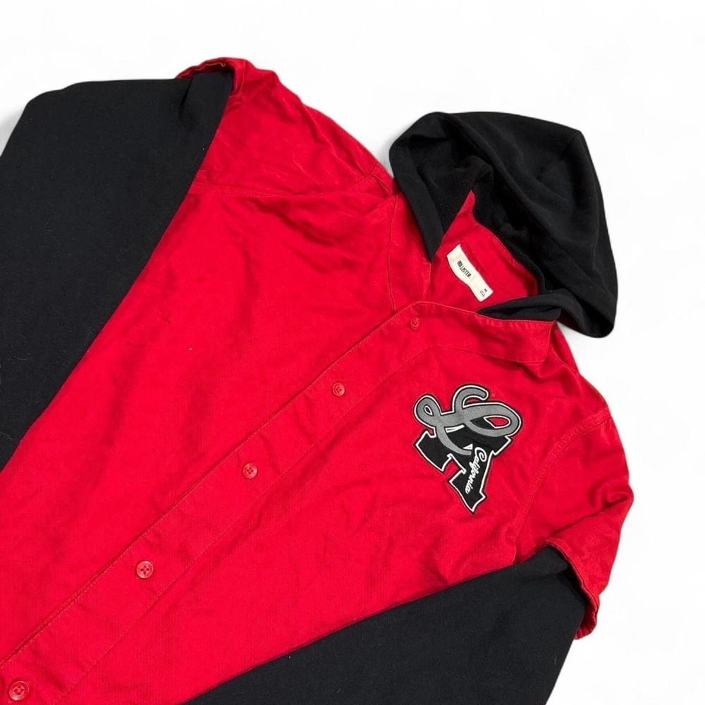 Hollister Mens Layered Hooded Baseball Jersey Shirt Red Black LA California M